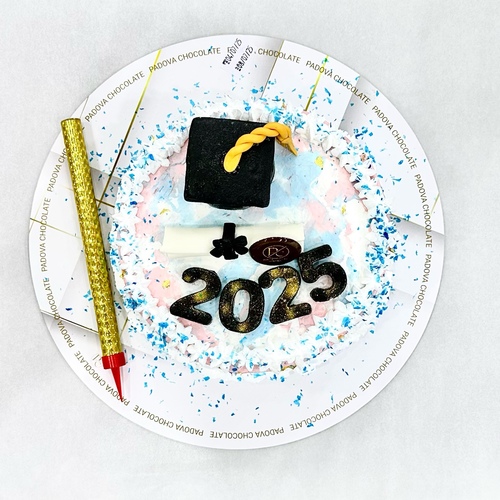 Graduation cake small - Soft sponge cake (vanilla or chocolate), soft butter cream or fresh cream according to choice, rich filling, professional decoration with sugar or chocolate paste with graduation cap and certificate forms, and custom congratulatory phrases.