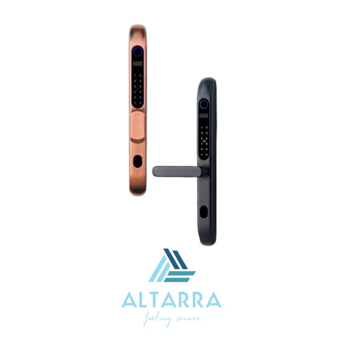 ALTARRA  - L3 Aluminum - Most selling Smart lock for aluminum doors you can open it by Card,  
Passcode, Mechanical key and can be controlled by your phone via BLUTOOTH,  
uses 4 AA batteries can run easily for 6 months with each set of batteries.