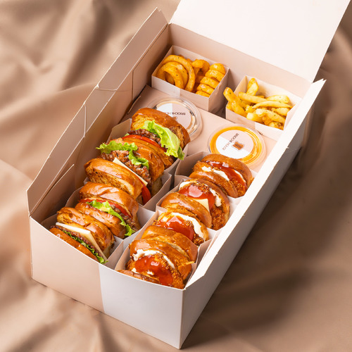 Mini Brioche Burger Box - 8 mini brioche burgers of your choice, 1 French fries, 1 curly fries and 2 sauces