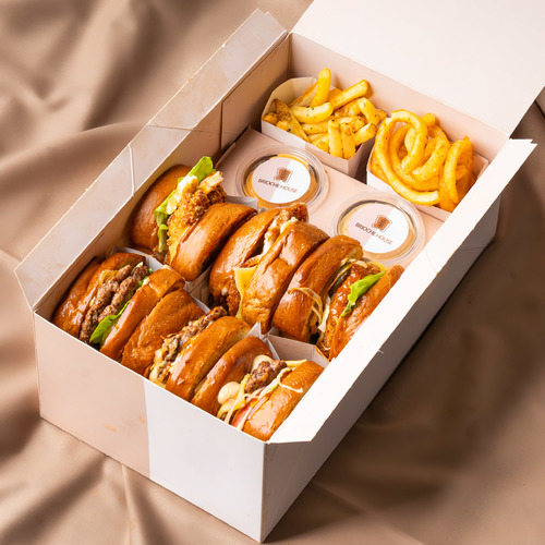 Brioche Burger Box - 6 Burgers of your choice with 1 French fries, 1 curly fries and 2 sauces