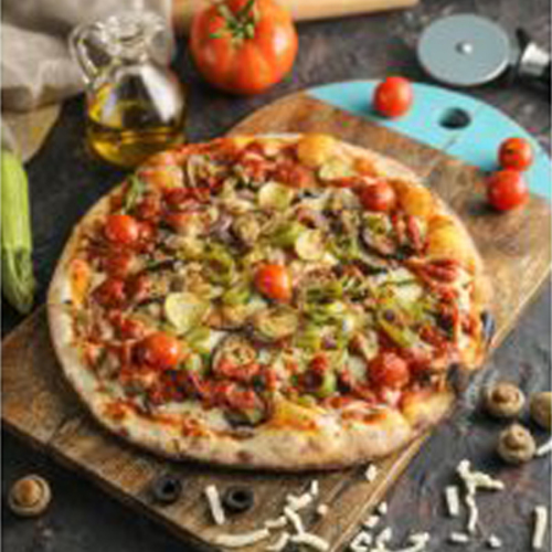 Pepperoni Vegetable Pizza - A flat bread layered with juicy tomato sauce topped with special fresh vegetables as Zucchini Eggplant Mushrooms Onions Bell Pepper shredded Mozzarella cheese and fresh Pepperoni meat