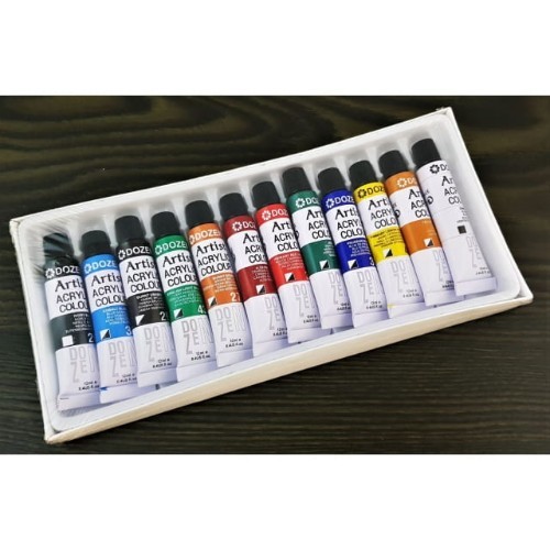 DOZEN Artist Quality 12ml Acrylic Color Tubes Set with 4 Paint Brushes & Palette, 12 Colors Set