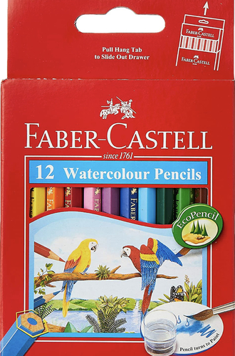 Alhammah Stationary  - ‏FABER-CASTELL PARROT DESIGN WATER COLOUR PENCILS 12 COLOUR HALF-SIZE IN A CARDBOARD BOX