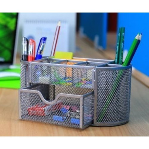 Mesh Collection Oval Supply Caddy Desktop Organizer Office Drawer with Pen Holder Collection, silver