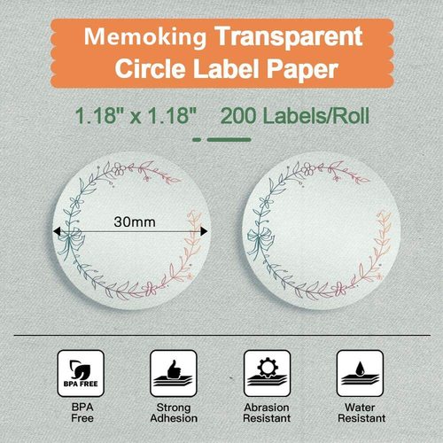 Memoking Transparent round label compatible  label printer, green olive branch, 30x30mm, 200 labels