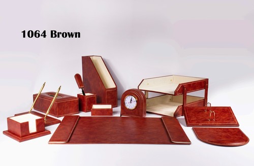 Brown leather desk set x 11 - 1064-Brown