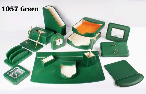 Green leather desk set x 14 - 1057-Green