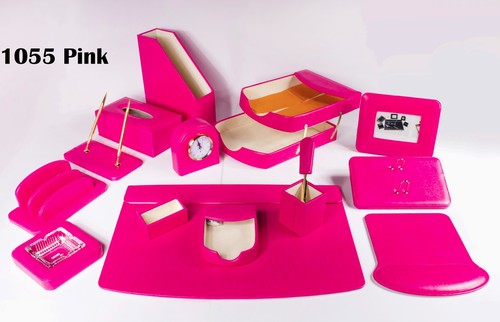 طقم مكتب جلد فاخر لون وردي 14 قطعة 1055-pink