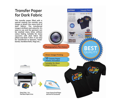 ‏Maxi - T-Shirt Transfer Paper 190 gsm A4 5 Sheets - Dark