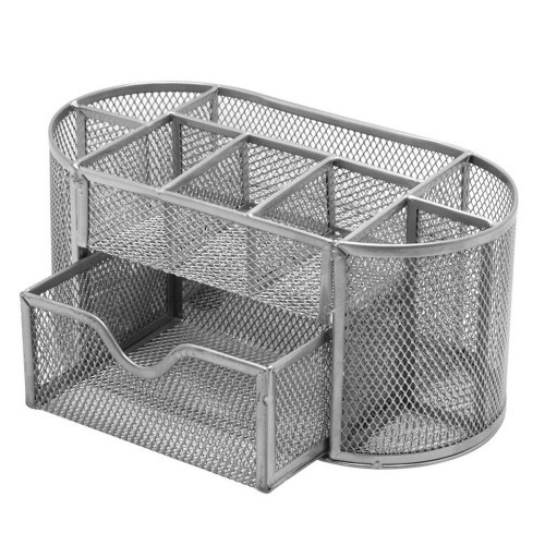 Mesh Collection Oval Supply Caddy Desktop Organizer Office Drawer with Pen Holder Collection, silver
