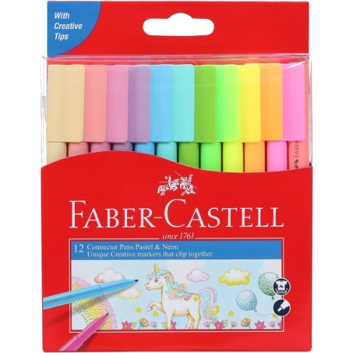 Faber-Castell Vibrant Connector Pen Colour Markers, Pastel and Neon Assorted – Pack of 12