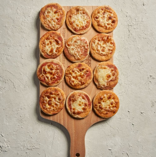 Pizza Pies 12 Pcs Small - Pizza made with whole wheat and pure barley dough, Italian style pizza sauce and mozzarella or vegan almond cheese.