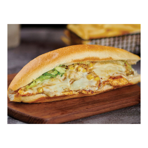 Chicken Sab French Samoon Sandwich - Chicken breast, corn, mozzarella cheese, pickles, garlic, mayonnaise and soya sauce