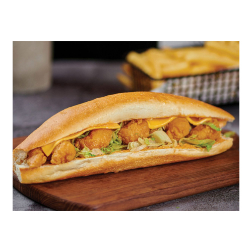 Nar and Sharar French Samoon Sandwich - Shrimp, lettuce, pickles, spicy and dynamite sauce