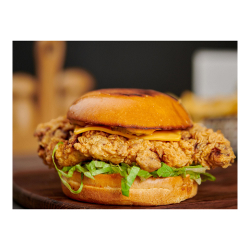 Chicken Fillet Burger - crispy chicken pieces with lettuce, pickles, cheese and Kashokhi cocktail sauce