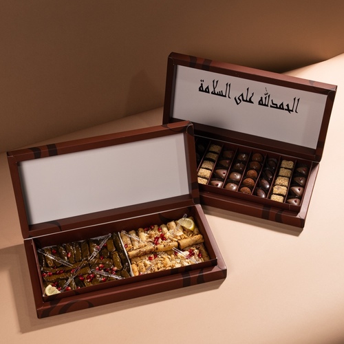 box sadu - بوكسنا الجديد السدو مع الكتابه على البوكس يحتوي على جوكلت فرنسي بحشوات متنوعه وورق عنب ومسخن