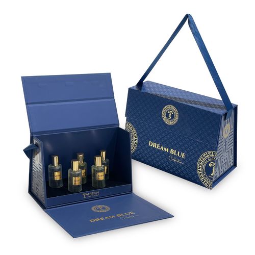 Dream Blue collection - The set price is 18 KD The size of the perfume is 30 ml It consists of  Estelle Perfume / Oud - Patchouli - Vanilla Dream perfume/ apple, bergamot, violet and musk  Light perfume / lemon, musk and cedar wood  Star perfume / cinnamon, orange and almond  Moon/passion fruit, jasmine, caramel and amber fragrance