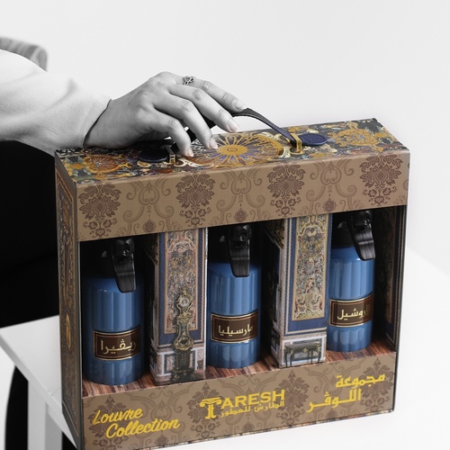 Louvre collection - Rivera Top notes are almond, apricot, cinnamon and bergamot; The heart of the fragrance is rose. base notes are ambergris, vanilla, patchouli, tonka bean, musk and vetiver. 
 La Rochelle Top notes are jasmine and neroli; middle notes are rose, cinnamon and peach; base notes are agarwood (oud), sandalwood, leather, amber and musk. Marseille Top notes are pear and bergamot; middle notes are tuberose, orange blossom and jasmine sambac; base notes are patchouli, vanilla, ambroxan and vetiver.
