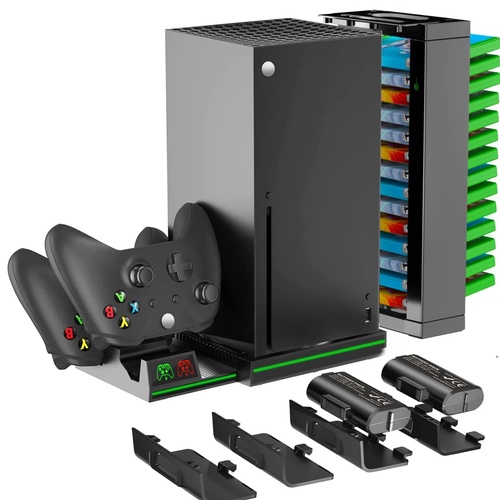 All-In-One Xbox Vertical Stand - All-In-One Xbox Vertical Stand】 The vertical stand with charging station is specially designed for Xbox Series X console only, dual charging station for Xbox Series X | S / Xbox One / Xbox One S | X | Elite controllers, 2x1300mAh rechargeable battery pack, USB charging cable and 14 game slots which can be detached . A tidy space is created for your xbox controller accessories.🔋【Fast Charge & LED Indicators】 It only takes 3 hours to charge two Xbox controllers at the same time! The charge levels of the two Xbox controllers are clearly displayed: red light means charging; green light means fully charged / standby. Meanwhile, the green mood light lights up when the power supply is connected.🔋【2 Packs of Long-term Rechargeable Battery】 2x1300mAh Xbox battery packs can be charged directly on the charging station. More than 2000 charge cycles, up to 20 hours of gaming session after a full charge, provide the maximum amount of energy for your Xbox Series X | S / Xbox One / Xbox One S | X | Elite controller. You have also opted for a more environmentally friendly option.🔋【Protection of the Xbox charging station】 The xbox controller charger stand for Xbox wireless controllers with overvoltage protection, overcurrent protection, output short-circuit protection and battery reverse polarity protection offers you a safe and comfortable charging environment. This fast xbox rechargeable battery charger will save you time and get great gaming experiences.🔋【Space-saving design】 The xbox charger stand holds the Xbox Series X game console, 2 Xbox Series X | S / Xbox One / Xbox One S | X | Elite controllers, 4 game discs in a vertical position. The Xbox Series X Stand minimizes the footprint of gamer accessories and keeps your gaming area clea