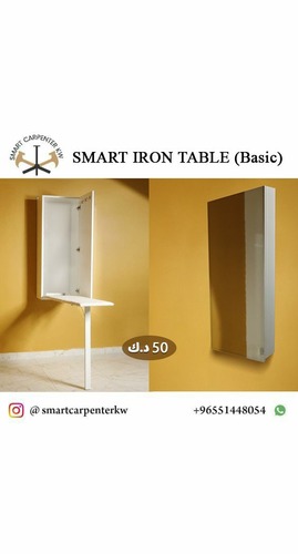 (Smart iron table basik (without shelves - Get rid of the clutter of the ottie room, and combine many benefits in one product. 
 

Product Description:
 
Captor foldable ironing board Made in Kuwait with high quality,
The product is made of MDF wood with the exception of the ironing board is made of black Indonesian MAX wood to resist water and humidity. The ironing board has a layer of sponge and coated with luxurious raw material, there is a copper base dedicated to Oti and it is hot, there is a special lock for the ironing board is high away from children, there is a small safety iron for the legs of the ironing board, most of the product is closed with beautiful mirrors that add beauty to the place and its enlargement, its color White only.
The width of the block is 40 cm
The block length is 122 cm
Soil depth is 11 cm
The length of the ironing board is 110 cm
Ironing board width 30 cm
The length of the ironing board legs is 80 cm 
 

Product advantages:
 
Provide large areas.
 
Nice view and decor of the place.
 
An ironing board coated with a raw  material and a sponge suitable for ironing.


Six internal pegs. 

And where the  exploitation of wasted spaces such as corridors or narrow rooms. 
 
 

(This product is suitable for small spaces with an affordable price)
 
 
Delivery and installation according to the customer's desire in the door opening, whether from the right or left, for 5 KD.

The representative will contact you before coming to coordinate with you at a time convenient for you.Delivery and installation takes from two to seven days (2-7 days).