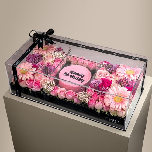 Pink Day - An acrylic box with pink flowers and a cake makes a perfect gift for birthdays or honoring a special occasion. Note: Cake writing is customizable.