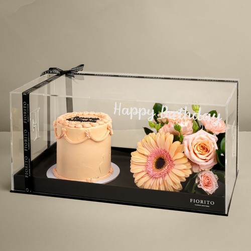 Glowy - This acrylic box contains rose and gerbera flowers with a cake.