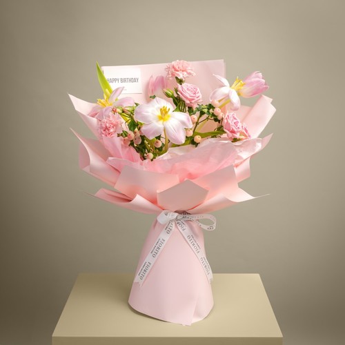 Glamorous - A bouquet of baby roses, tulips, and carnations. A perfect gift to celebrate your loved one's birthday.