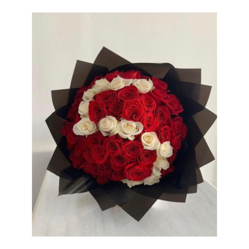 Letter Bouquet - Express your feelings with an Ali Ali Letter bouquet, 65 white and red roses in black packaging.