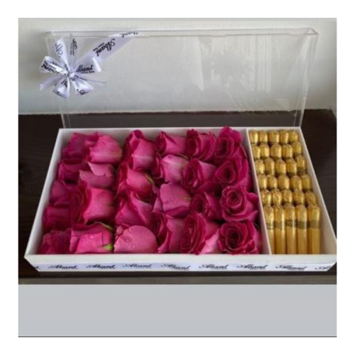 High-End Box - “White acrylic with an elegant transparent cover containing an arrangement of roses and chocolate
The color of the rose of your choice.