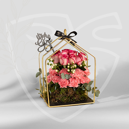 AlJuri - gold cage with roses and plaxy name Size : 35*30 cm