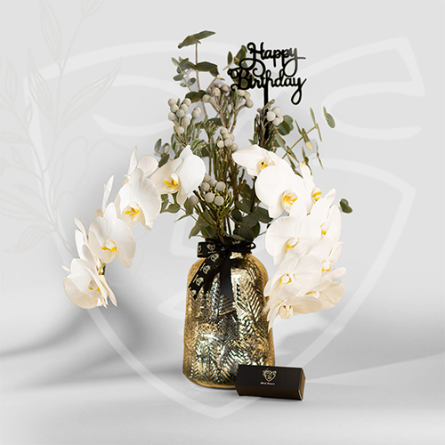 Elegant - gold vases with orchid flowers with plaxy name and chocolate size : 45*25 cm