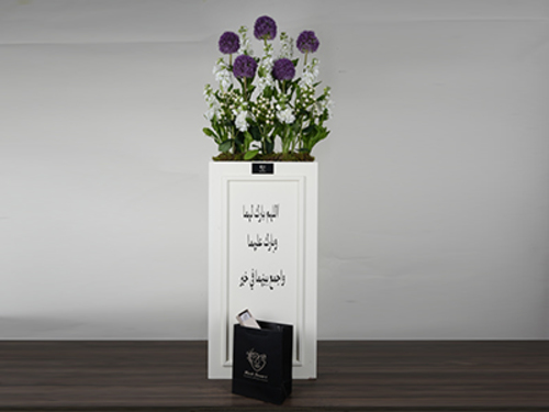 Adotor - A large wooden stand with a phrase congratulating the marriage Size 45/130 cm With a group of various luxurious flowers With premium imported cocoa