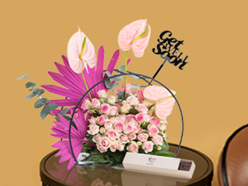 Girl - stand & pink flowers & chocolates witha name size :40×40