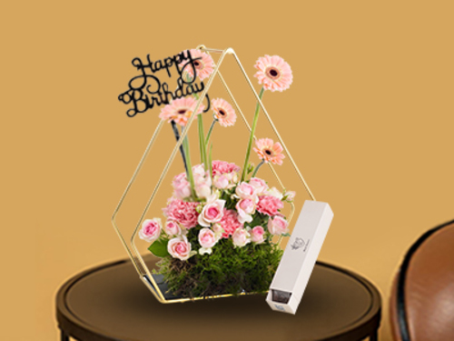 Pink Flowers 1 - gold stand with name and cholates size : 40 x 30