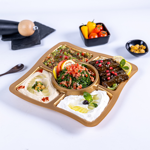 Cold Appetizer Combo - Tabbouleh, Vine Leaves, Labneh Dill, Baba Ghanouj, Hummus, Moutabal.