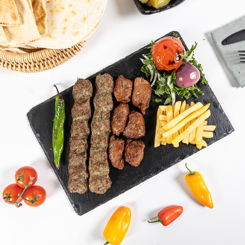 Kabab & Tika Meat - Meal - Served With Potato, Grilled Veg , Garlic Sauce & Bread