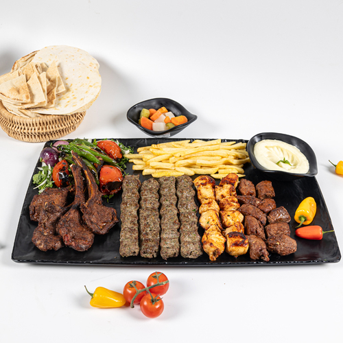 Mix Grill Family - 4 KEBAB skewers, 4 rib skewers, quarter kilo SHISH TAWOOK,
quarter kilo TIKKA.