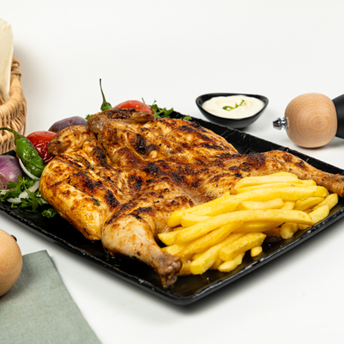 Grilled Chicken - Whole - Caboria Famous Charcoal grilled chicken Served With Potato, Grilled Veg , Garlic Sauce & Bread