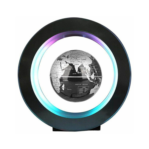 O-shape Levitating Globe Silver - O shape LED ring centered by a silver globe, levitating and spinning. Could be left on Day and Night. Globe : D: 8.5 cm O- shape: D: 18 cm