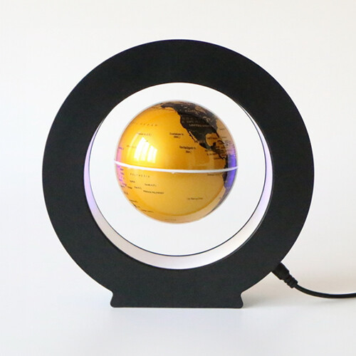 O-shape Levitating Globe Golden - O shape LED ring centered by a golden globe, levitating and spinning. Could be left on Day and Night. Globe : D: 8.5 cm O- shape: D: 18 cm