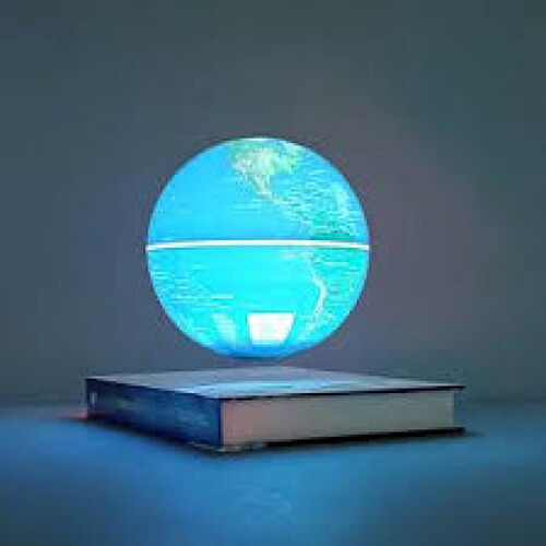 Book Globe - Light globe that can be switched ON/OFF levitating and spinning over a Book. Could be left spinning on day and night with lights ON/OFF Globe: D: 8.5cm. Book:21cm*16cm*2.5cm