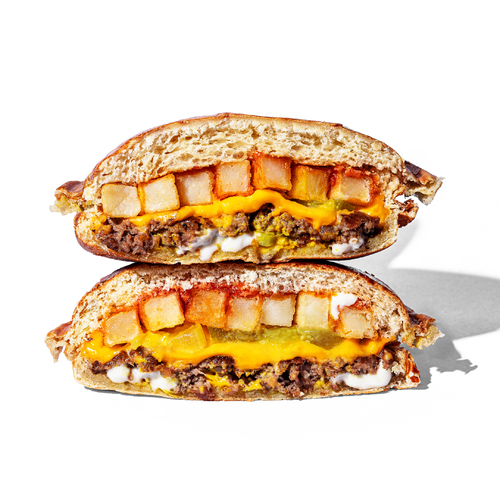سماش بوطاطا مع بطاط - Two smashed patties, two slices of cheese, minced pickles, ketchup, mayo, mustard and fries.