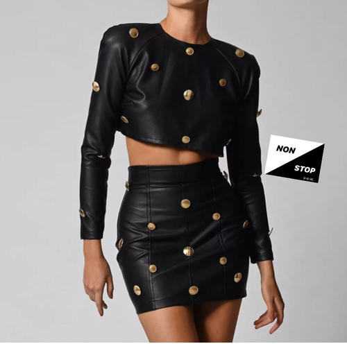 Leather set skirt and top with studs black