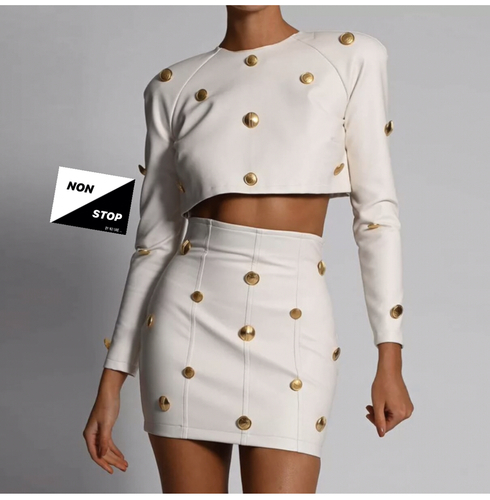 Leather set skirt and top with studs white