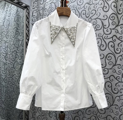 White blouse with Swarovski and pearl long sleeves