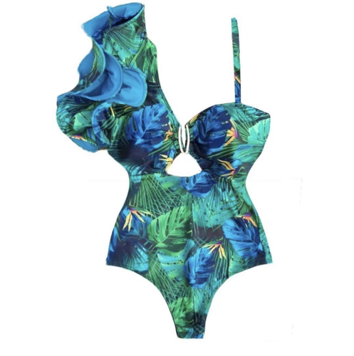 Swimwear one piece floral blue green