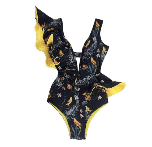 Swimwear one piece black and yellow ruffles