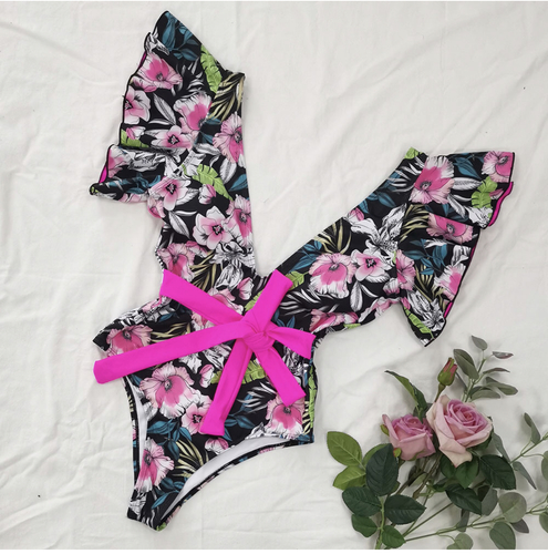 Swimwear one piece pink floral with ruffles