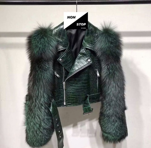 Green jacket with real leather and fox fur - Real leather with real fox fur sleeves high quality