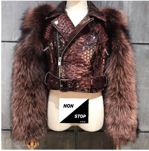 Maroon real leather with fox fur sleeves